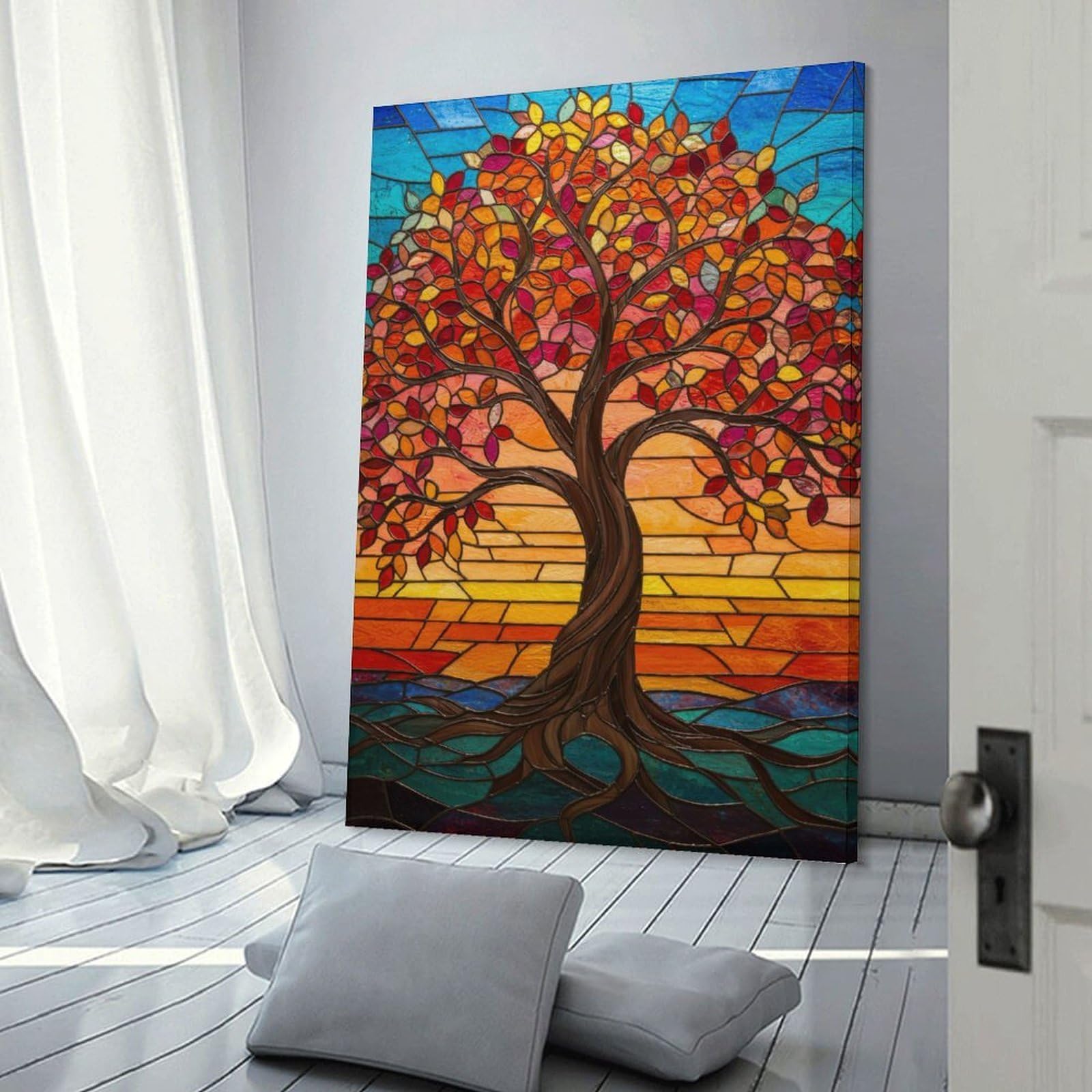 Junmoney Canvas Wall Decor Stained Glass Tree of Life, 12x18inch(30x45cm), for Lounge Decor, Bedroom Walls Or Flats, Eye Catching Artwork for Blank Walls