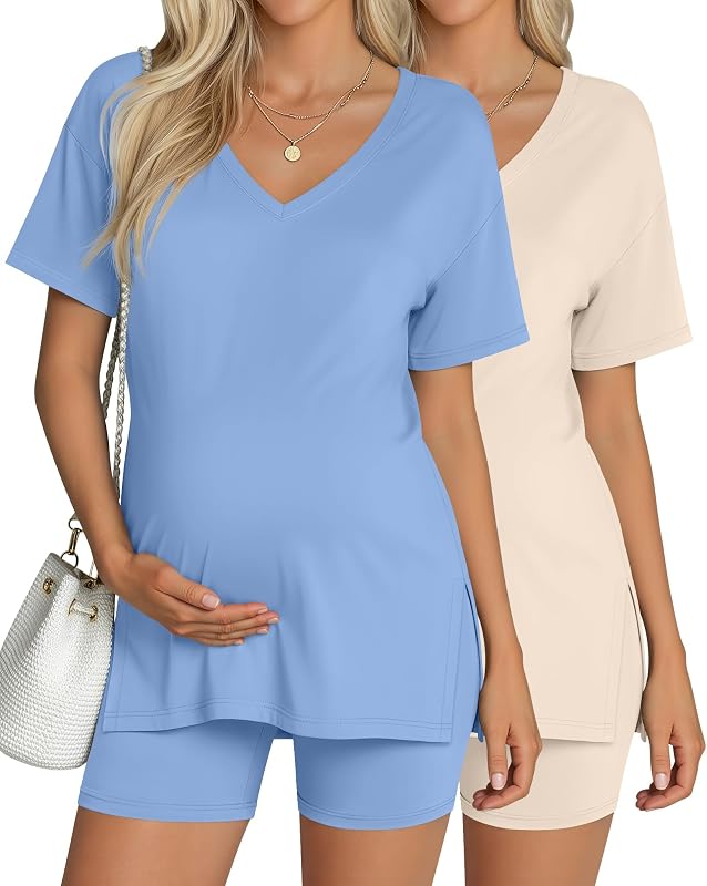 2 Pack Women Maternity Set Pregnancy Outfit | 2 Piece Summer Pajama Set, Stretch Soft Fabric, Side Slit, Adjustable Waistband, Casual Short Sleeve Loungewear, Biker Shorts