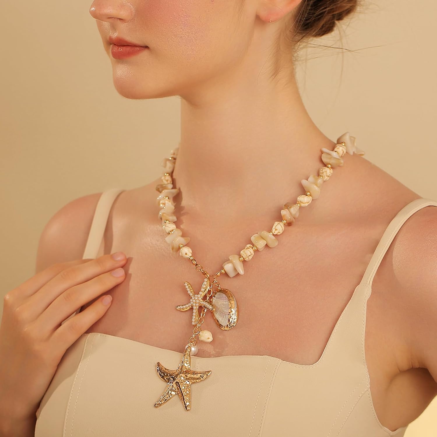 Shell Necklace for Women - Beach Necklace with Starfish & Seashell Charms, Mermaid Accessories, Ocean Themed Chunky Statement Jewelry for Vacation - Image 3