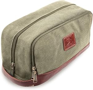 Travel Toiletry Bag for Men and Women, Canvas Toiletry Organizer Water-Resistant Vegan Leather, Hanging Dopp Kit Shaving Bag for Toiletries Accessories (Army Green, Large)