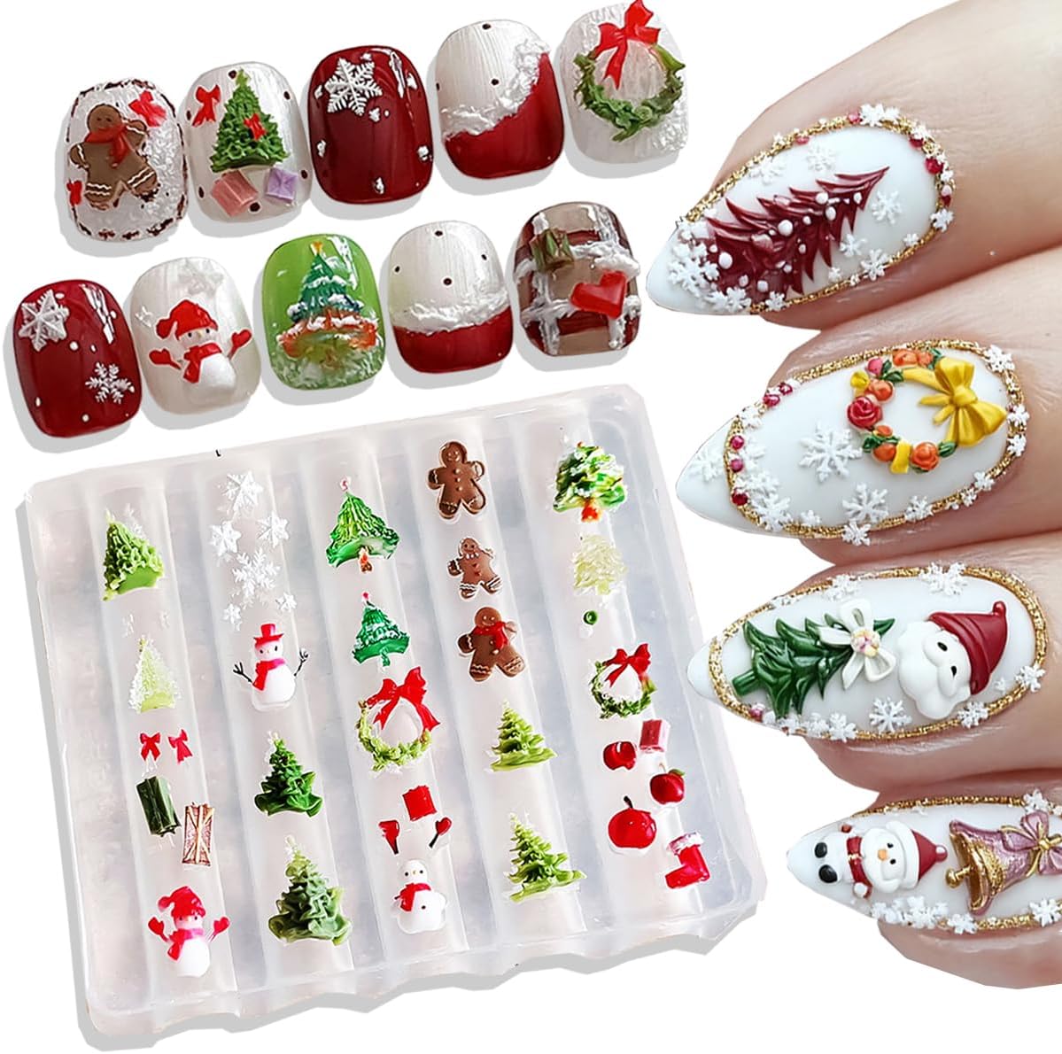 3D Gel Nail Art Christmas Mold Christmas Silicone Molds for Nails Design Xmas Tree Snowflake Silicone Nail Molds Snowman Nail Charm Molds Winter Nails Charms Carved Stencils DIY Manicure Templates