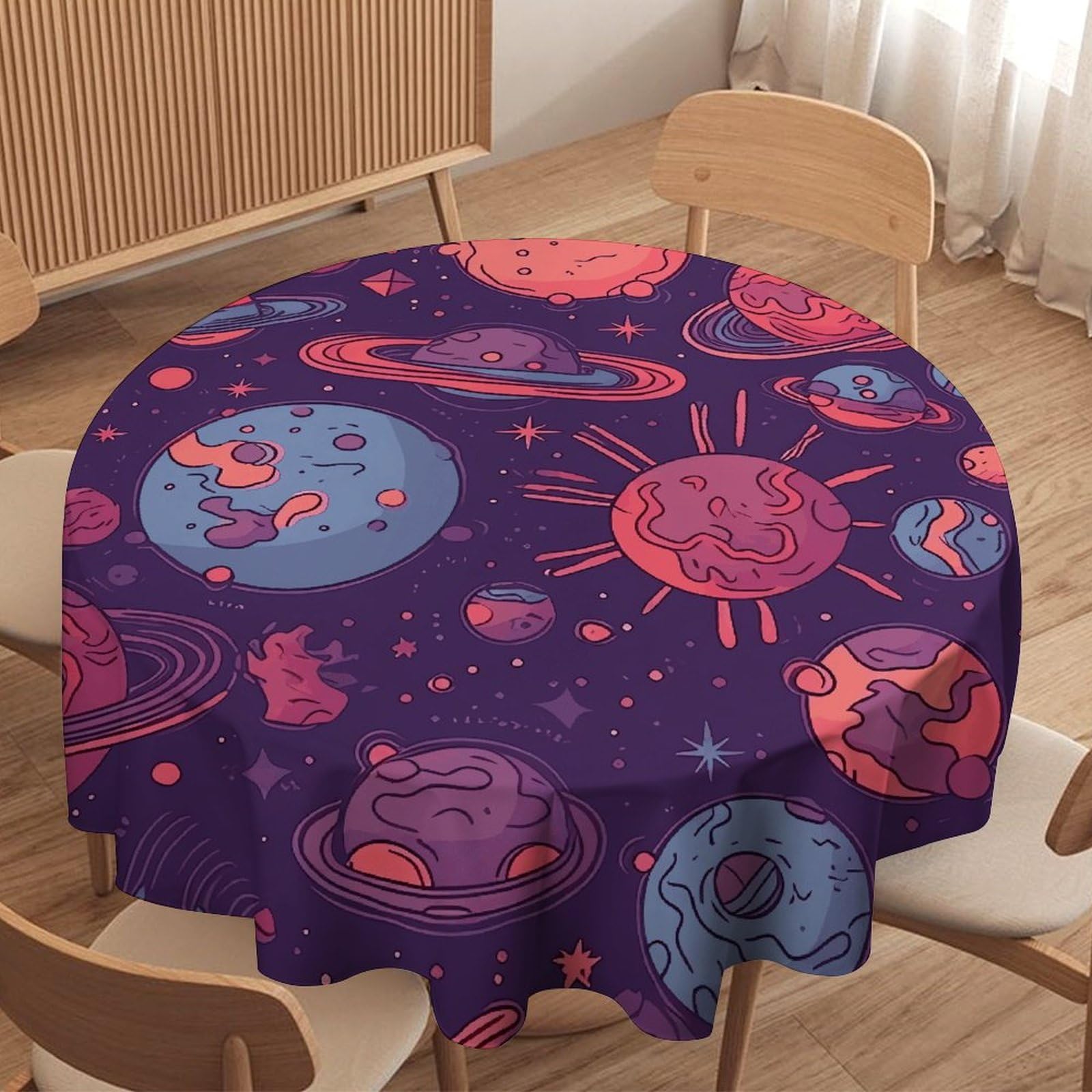 Nappe ronde planète spatiale lavable pour décoration de table