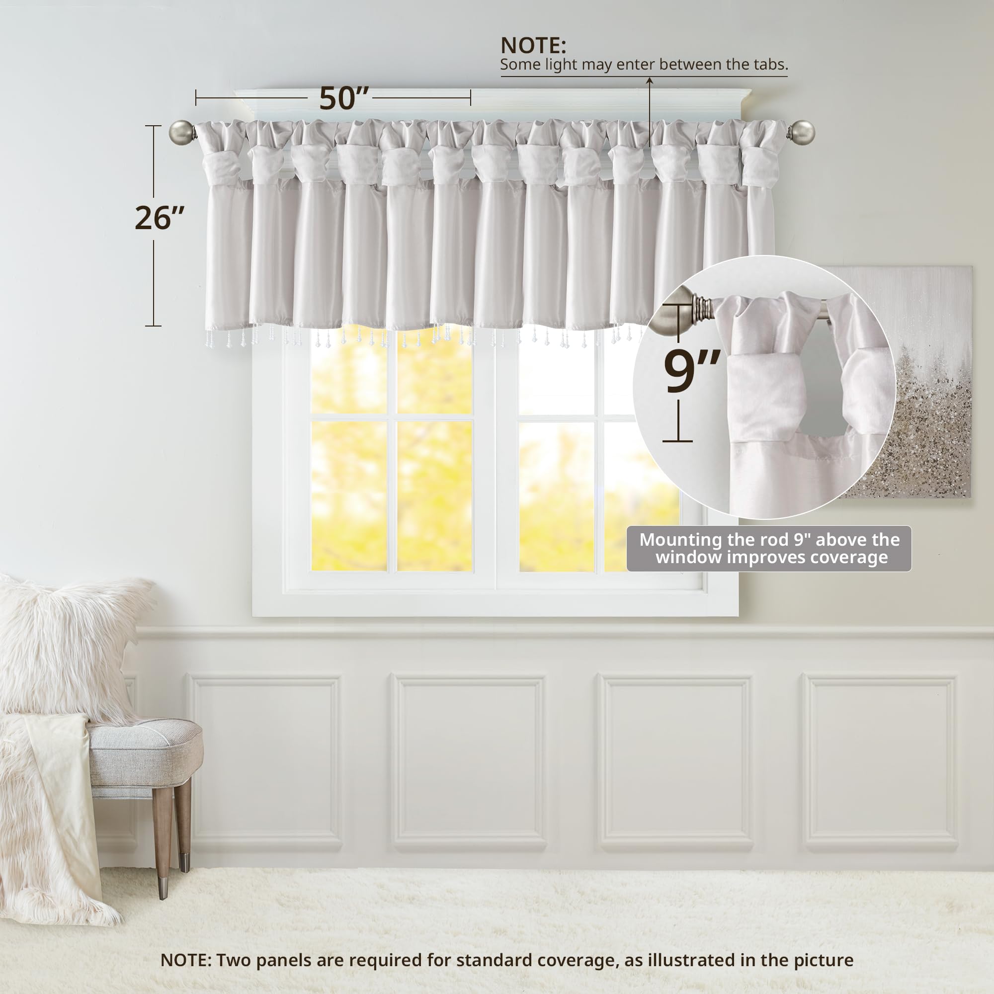 Madison Park Emilia Faux Silk Valance, DIY Twist Tab Top Finish with Beads - Image 2
