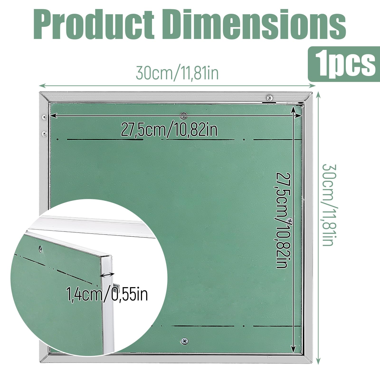 Trampilla Pladur 30 cm, Tapa Registro Pladur de Aluminio con Placa de Yeso Verde, Puerta Revision Empotrada para Techo, Pared, Fontaneria y Electricidad