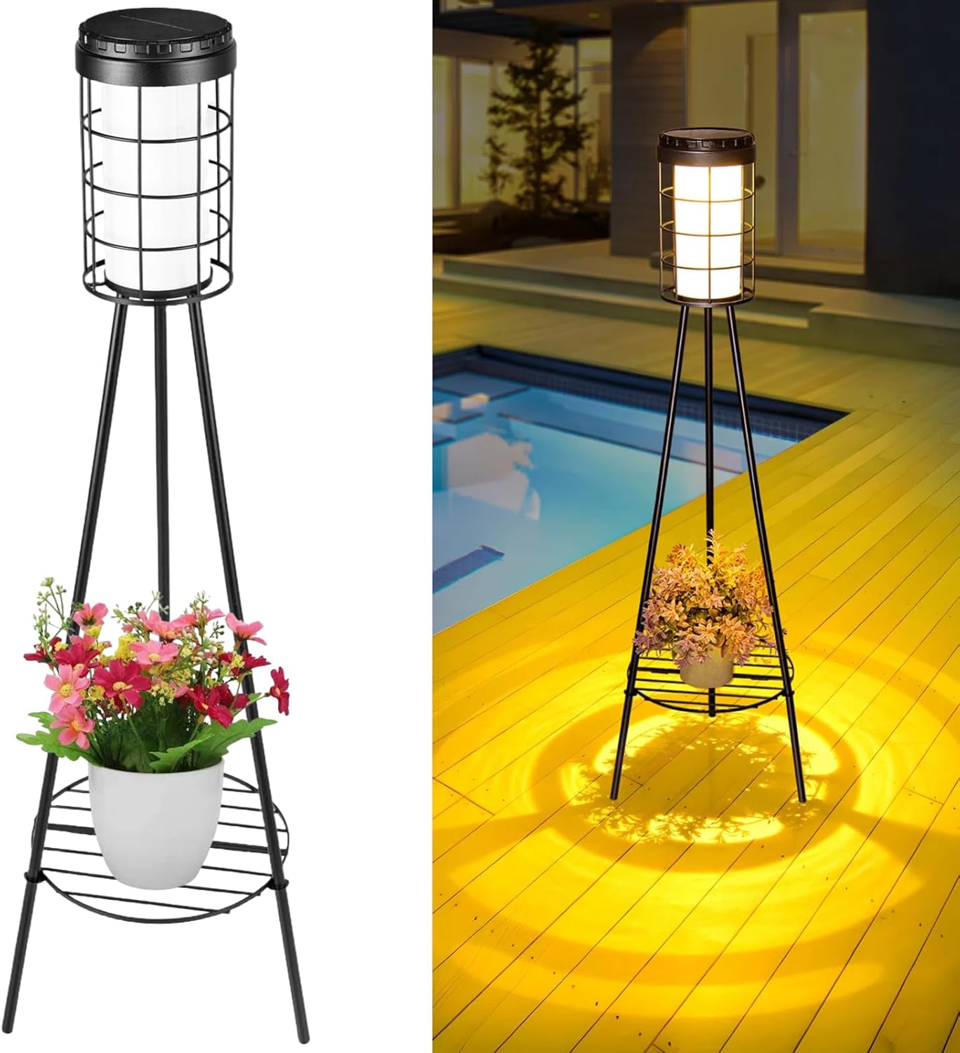 Solar Floor Lamps Waterproof, Solar Lights with Plant Stand, Solar Powered Outdoor Lights Flower Shelf for Patio Porch Deck Yard Garden Decor - 2 Pack
