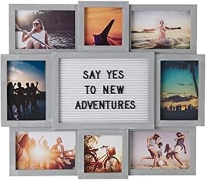 MELANNCO Collage Picture Frame with Letter Board, 8 Opening Photo Collage Wall Decor, Holds 4x6 and 4x4 Photos, 19x17 In, Distressed Gray