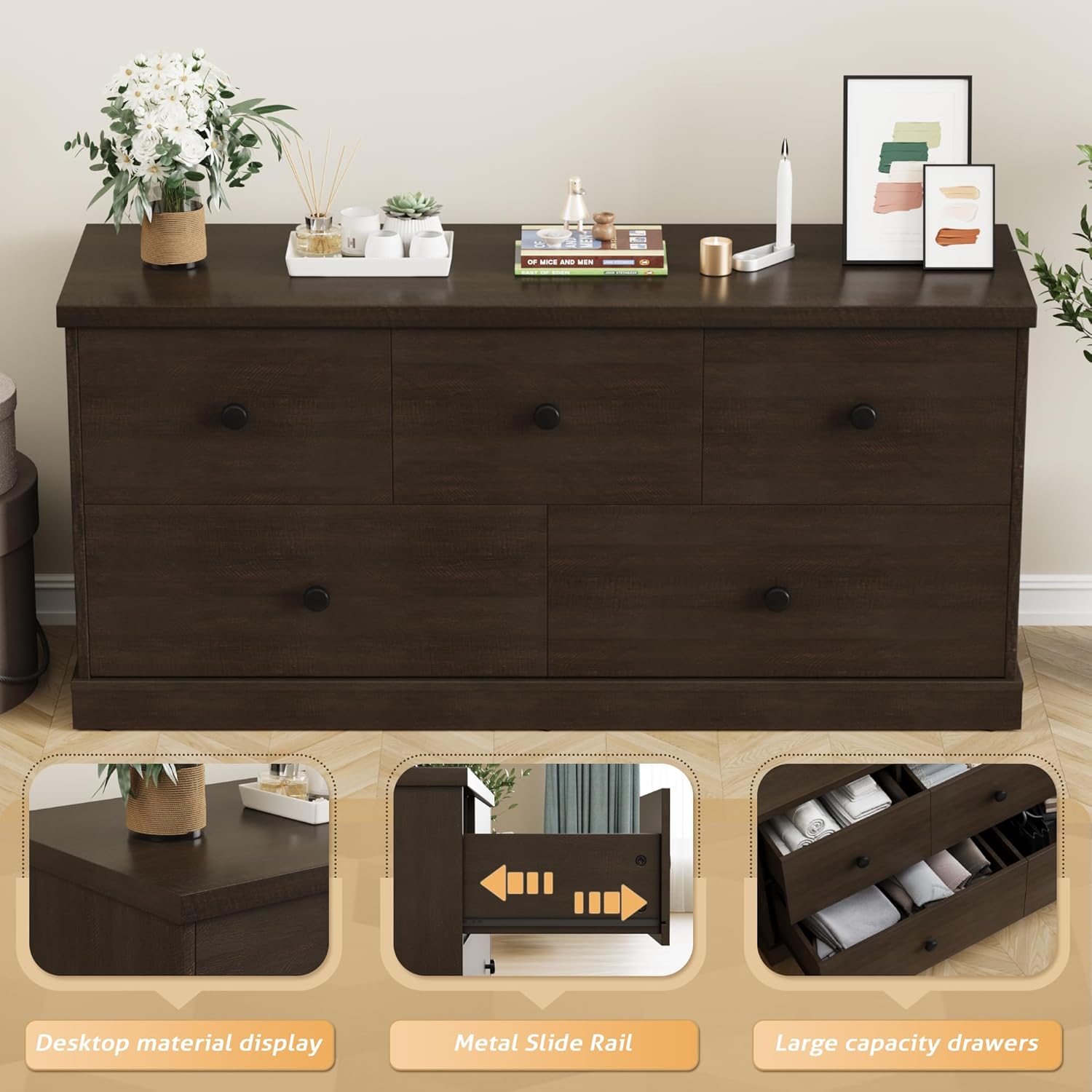 Close-up images showing the dresser's desktop material, metal drawer slide mechanism, and organized large capacity drawers.