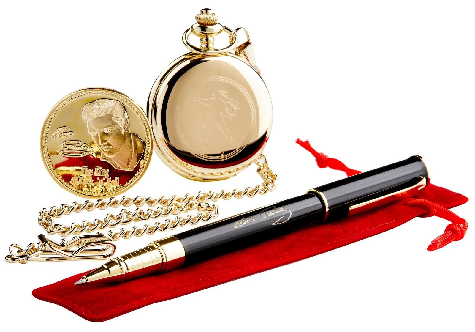 The Luxury Vault Signed Elvis Presley Gold Pocket Watch & Rollerball Pen Presentation Case