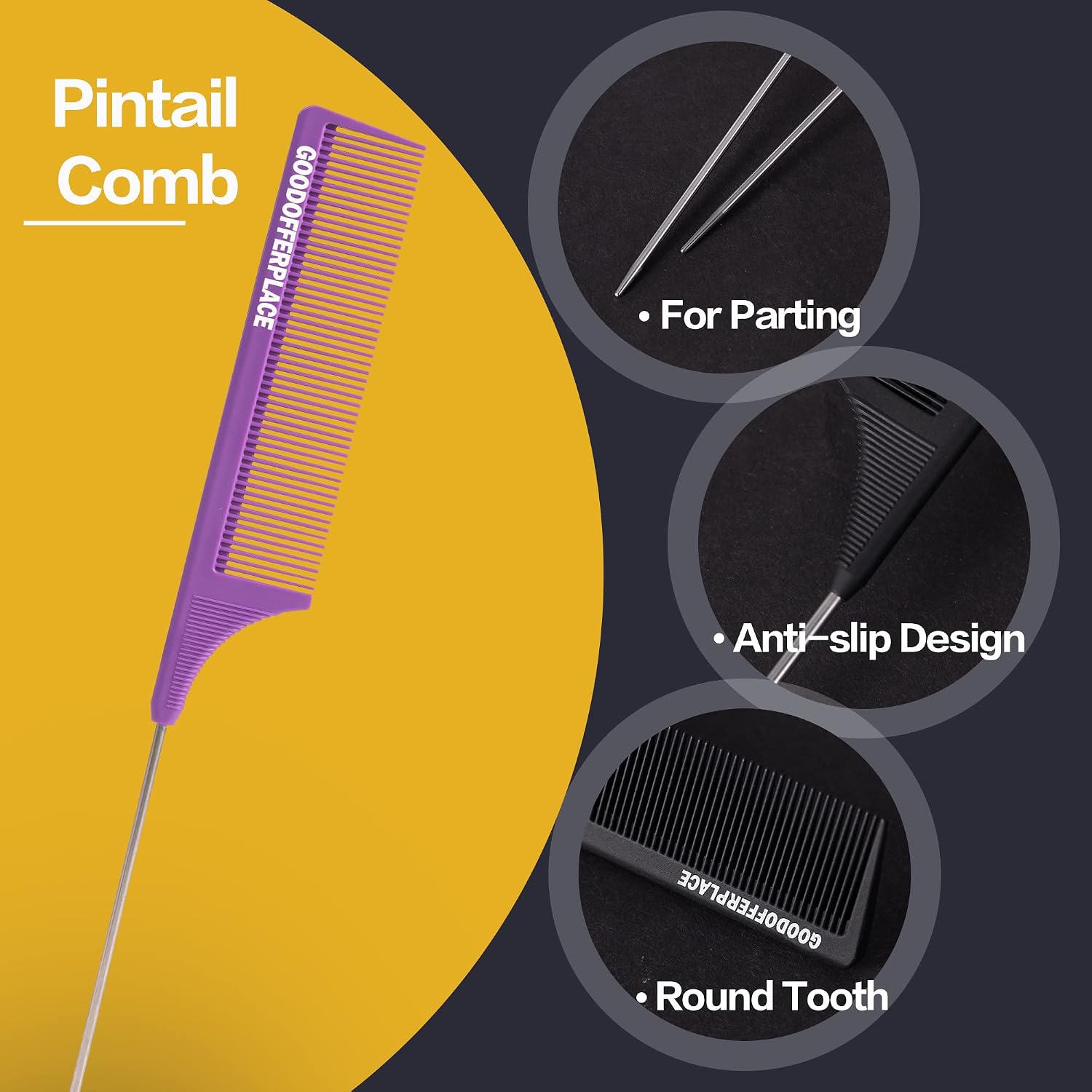 Goodofferplace Rat Tail Combs Teasing Comb Set with Fine Tooth Long Steel Pin Rat Tail Hair Combs for Women Styling Parting Carbon Fiber Heat Resistant Anti Static(3 Packs Purple)