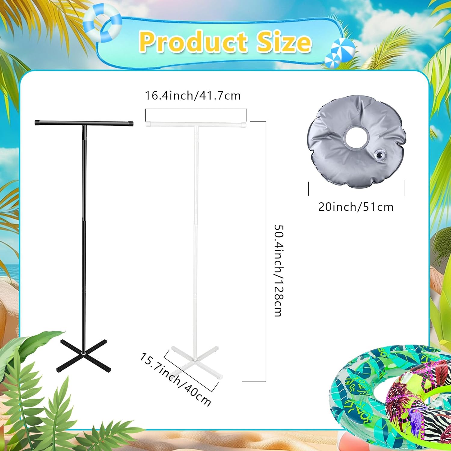 Tryly 2Pcs Pool Float Storage Rack, Metal Pool Float Holder with 2 Water Weight Bag, 50.4" x 15.7" Pool Float Storage Organizer for Beach Summer Swimming Tube Towel Goggle (White, Black)