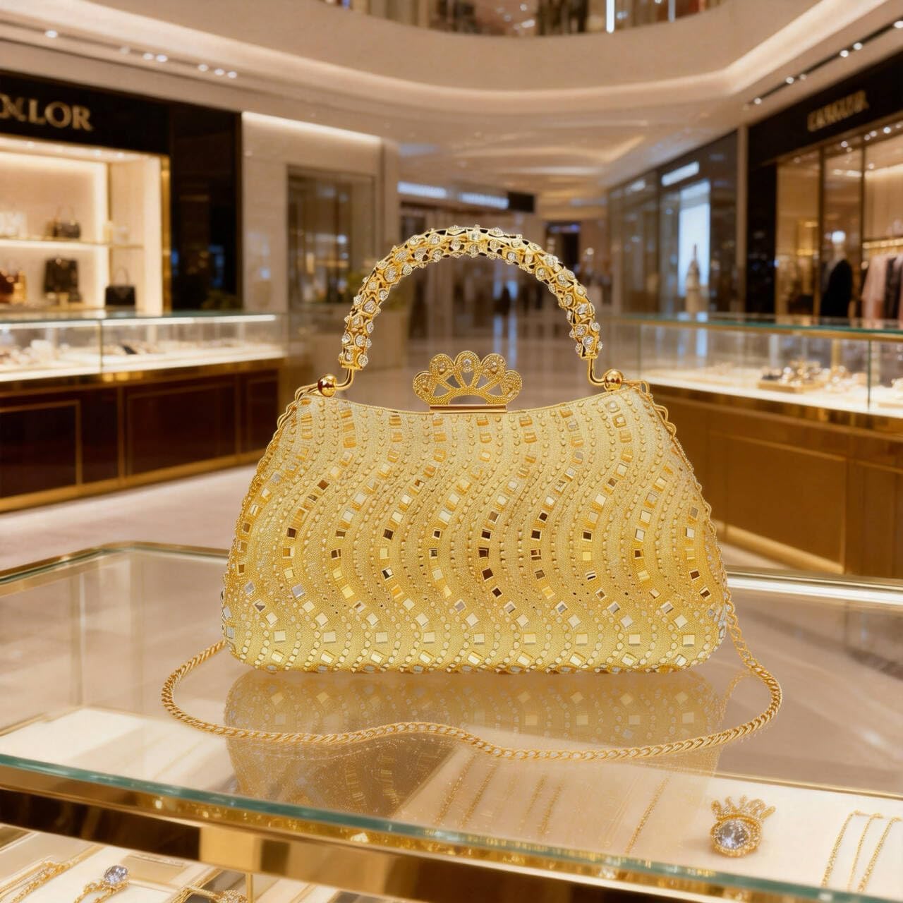 Luxury Crystal Rhinestone Evening Clutch for Women, Gold Wedding Party Purse with Handle, Elegant Formal Prom Cocktail Handbag for Brides & Special Occasions（Gold）