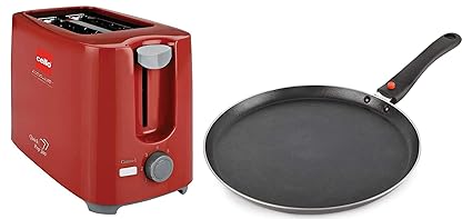 Cello Quick 2 Slice Pop Up 300 Toaster (Red) & Cello Non Stick Dosa Tawa Induction Base with Detachable Handle, 280 mm Hammered Toned,Aluminium, Black