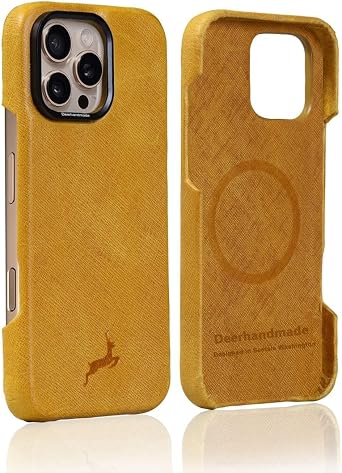 Premium Full Grain Leather Phone Case Compatible with Apple iPhone 16 Pro Max, MagSafe and Wireless Charger, Shockproof Protective Camera Edge Luxury Edition iPhone 16 Pro Max Yellow