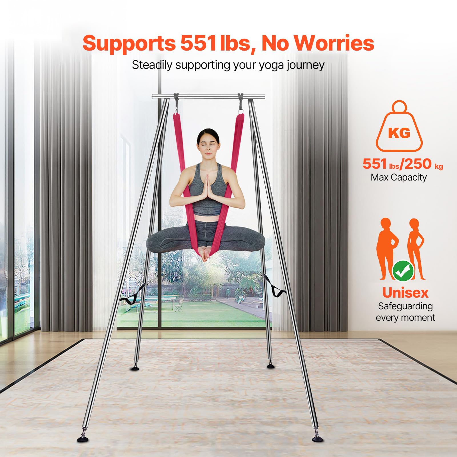 VEVOR Aerial Yoga Frame & Hammock, 551.15 lbs Load Capacity, 9.68 ft Height Professional Yoga Swing Stand Comes with 6.6 Yards Hammock, Rigging Hardware for Indoor Outdoor Fitness Bodybuilding, Red