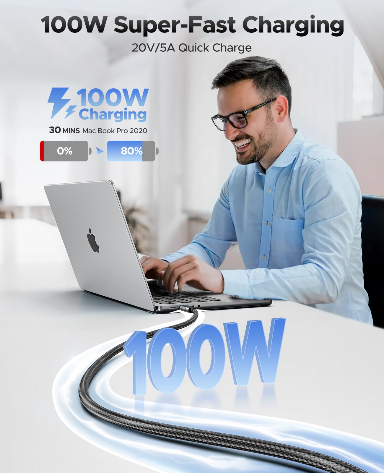 ORICO Cavo da USB C a USB C con display a LED, PD100 W, 2 pezzi di ricarica USB C da 10 m, ricarica rapida, in nylon intrecciato di tipo C, compatibile con iPhone 15/Pro/Plus/Pro Max, MacBook, iPad