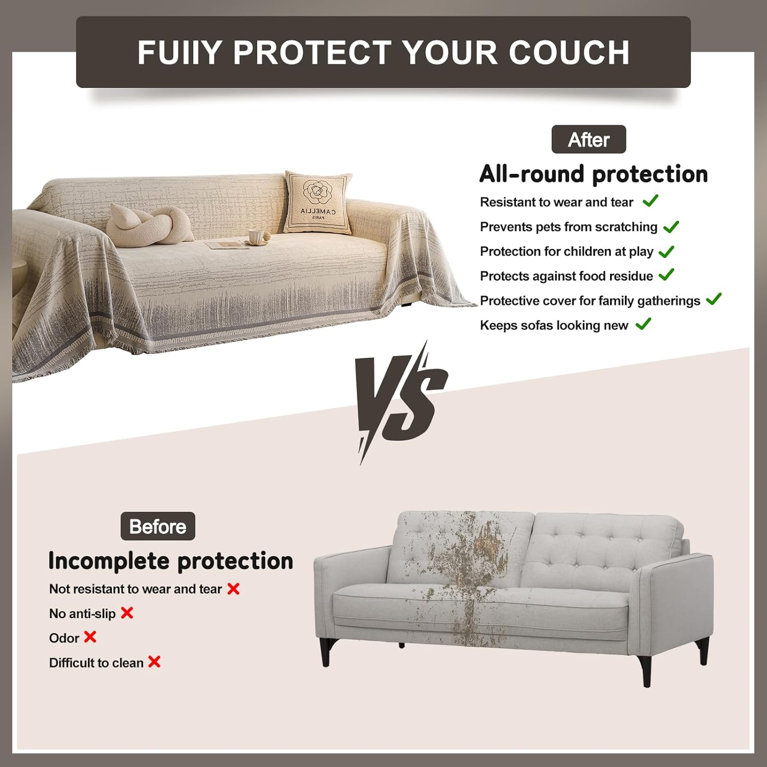 ROOMLIFE Gray Couch Cover for 3 Cushion Couch Sofa Cover for Dogs, Furniture Protector Covers for Pets, Washable Non-Slip Soft Chenille Sofa Slipcover, Couch Throw Blankets with Tassels 71 '' X 150''