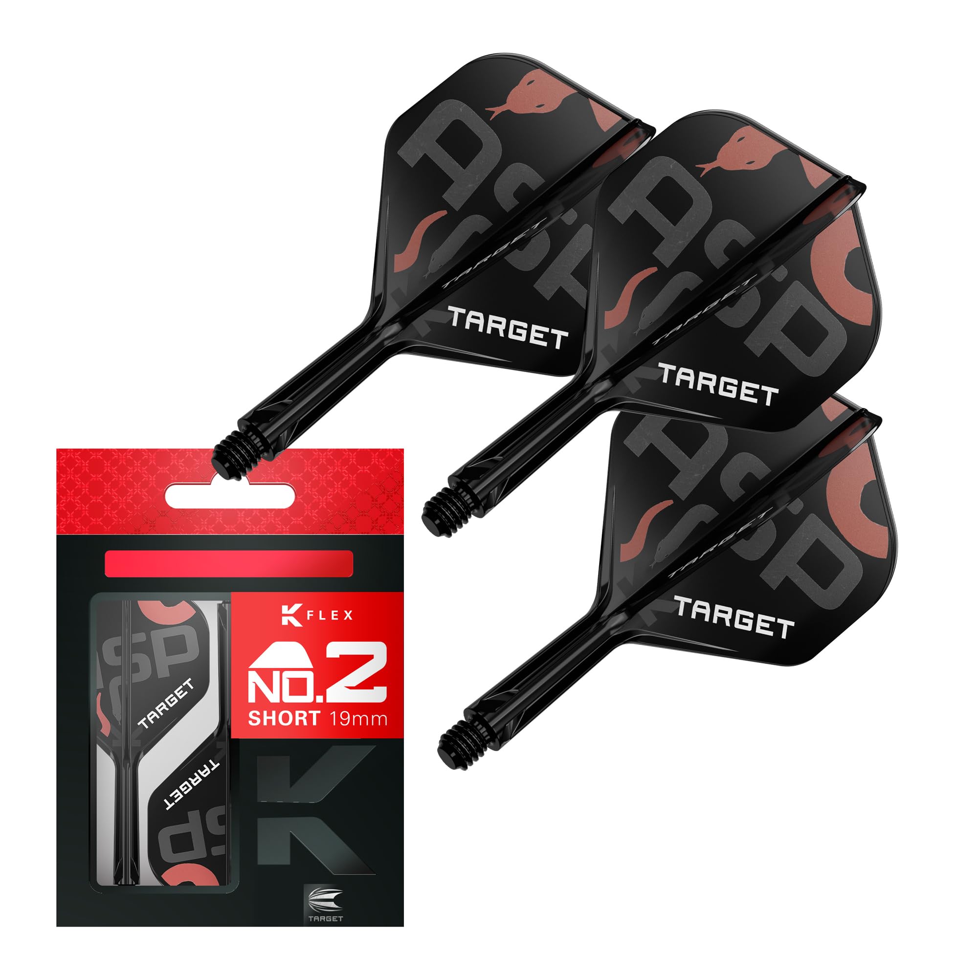 Target Darts Nathan Aspinall K Flex Flights and Shaft System, No.2 (Short, 19mm) | Pack of 3 Kflex All In One Flights, Player Edition Darts Accessories | K-Flex Dart Stem