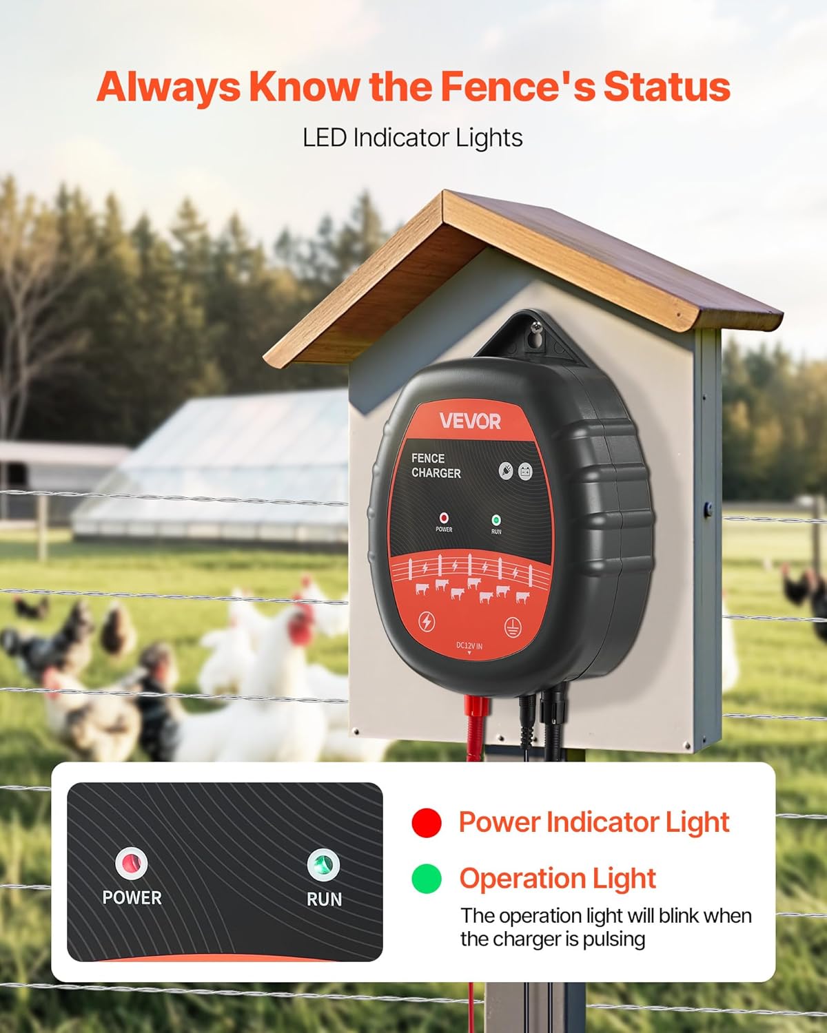 LED indicator lights on VEVOR Electric Fence Charger