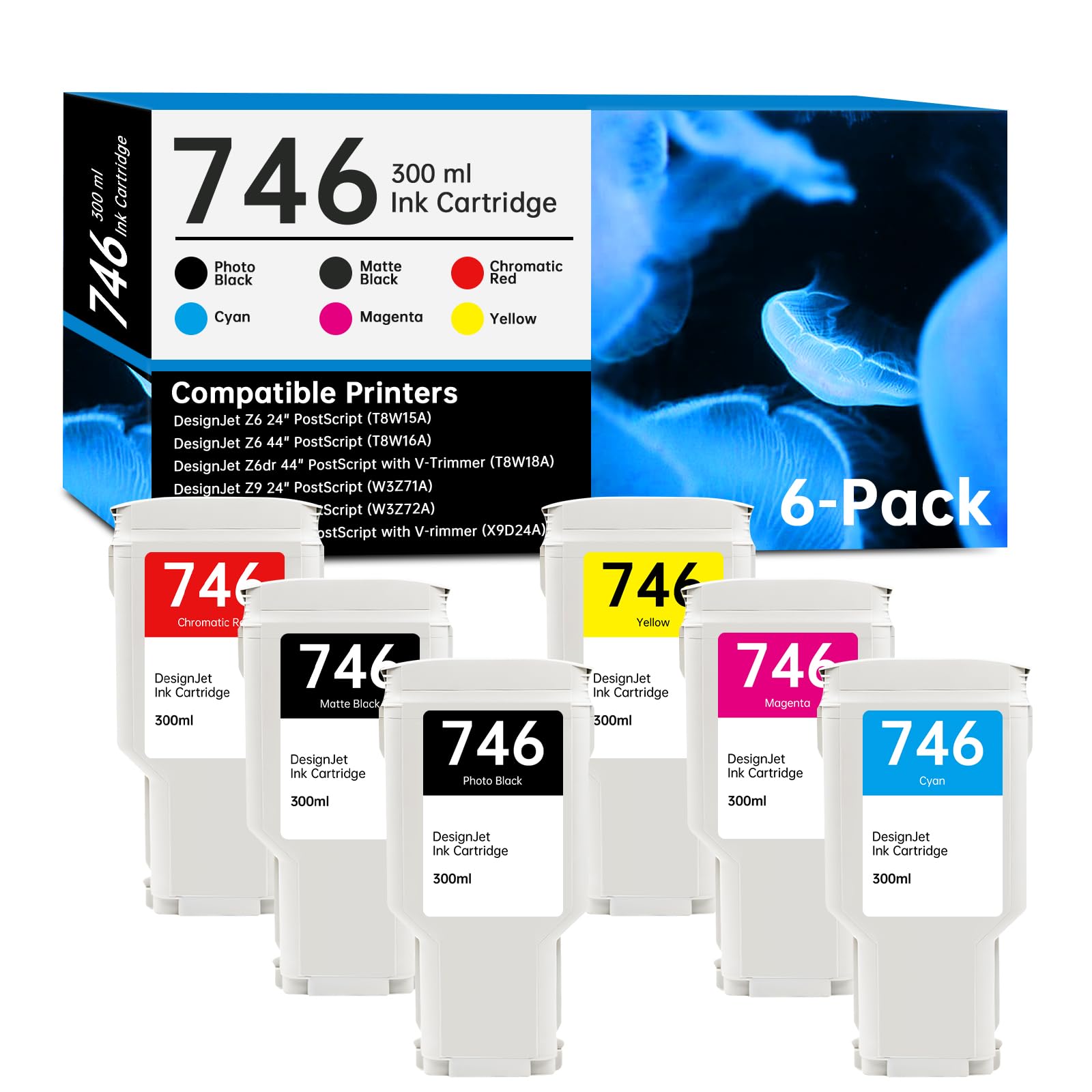 746 Ink Cartridge 300-ml Set Replacement for HP 746 Ink Cartridge P2V83A P2V82A P2V81A P2V80A P2V79A P2V78A DesignJet 746 ink for DesignJet Z6 & Z9+ Large Format Printer, 6 Pack 746 Ink Cartridges Kit