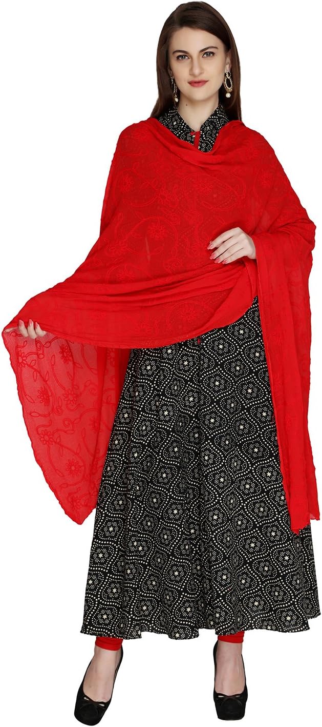 Woman's Red Embrodiered Chiffon dupatta