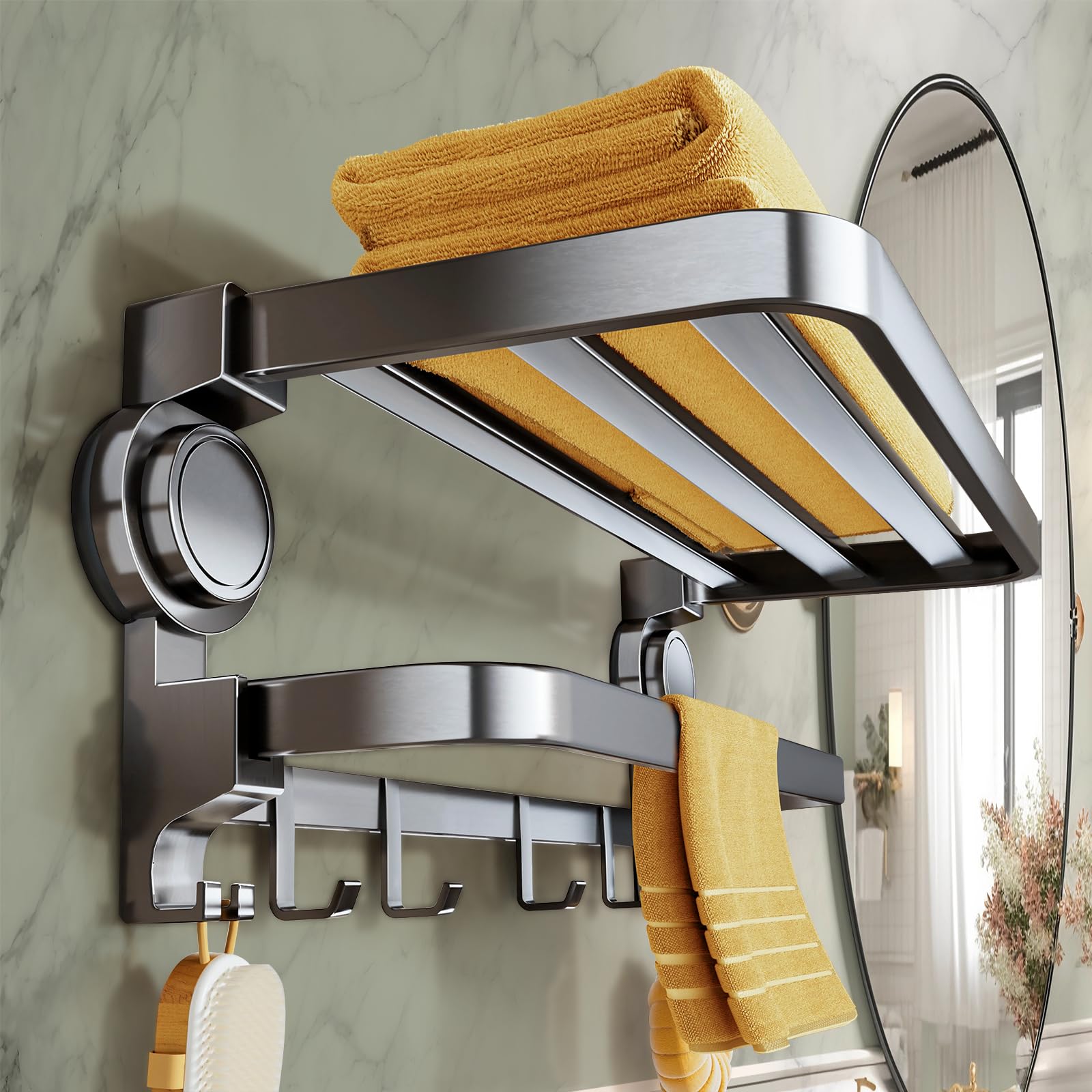 Toallero sin taladrar, toallero de baño,Portatoallas de baño sin taladrar, Portatoallas con Ventosa, Soporte para Toallas Plegable a 90°, Estante para Toallas de baño con 8 Ganchos, 50 cm