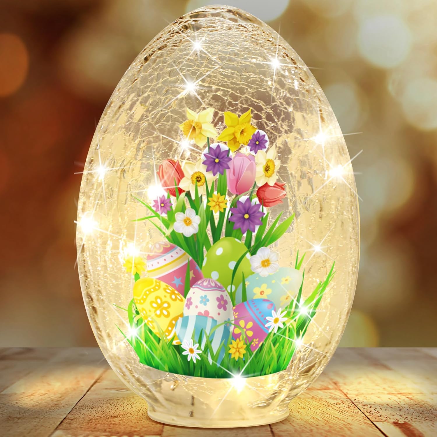 5.75 x 5.25 x 8.25'' Easter Egg Balls Crackle Glass Night Light Illuminated Sphere Glowing Orb Decorative Battery Operated Lamp Festive Home Accent Decorations