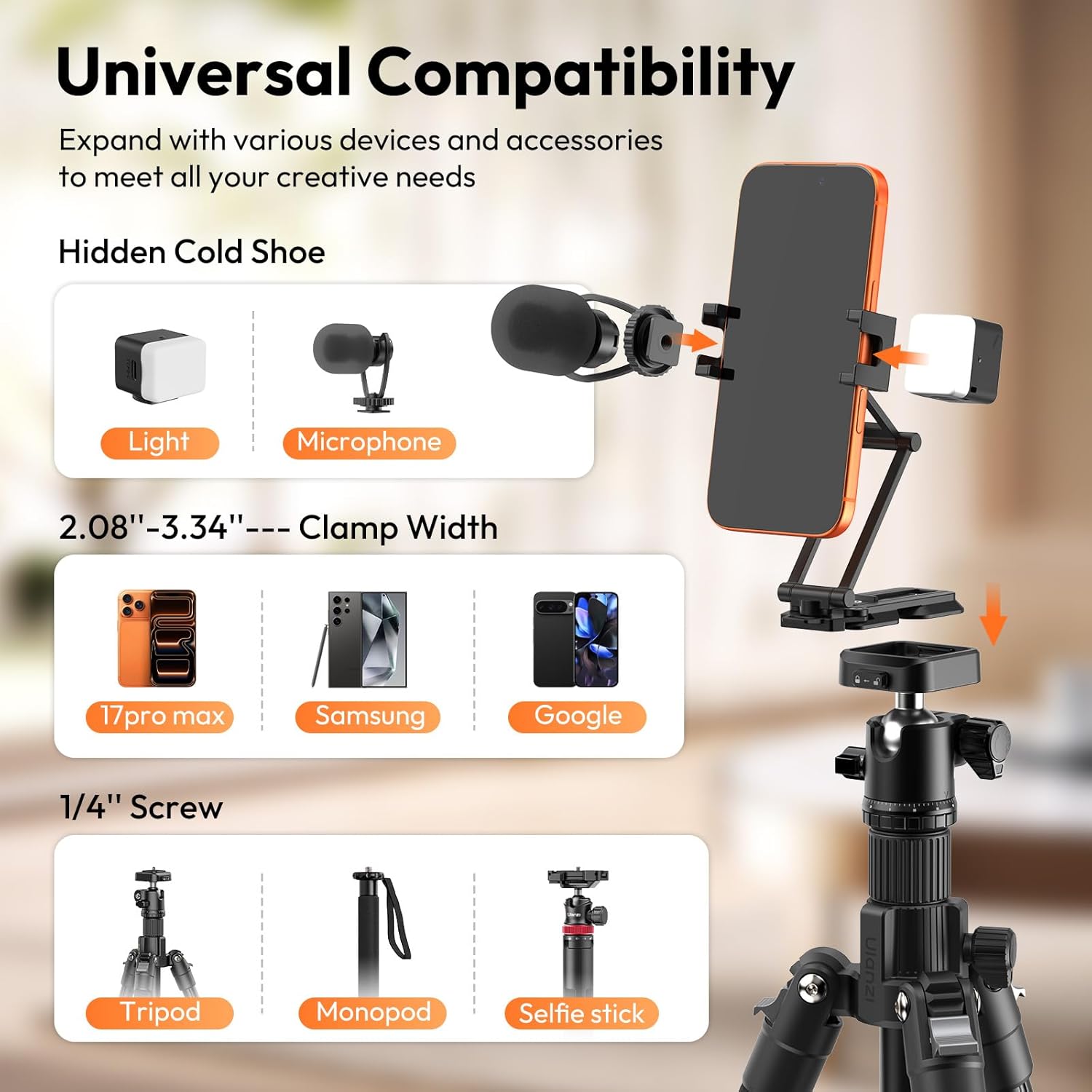 ULANZI Phone Tripod Mount with Arca Uka Base, Foldable Mini Tripod with 2 Cold Shoes Handheld Grip Compatible with iPhone17/16/15/ Android, Metal Phone Clamp for Desktop Vlogging Travel - Image 3