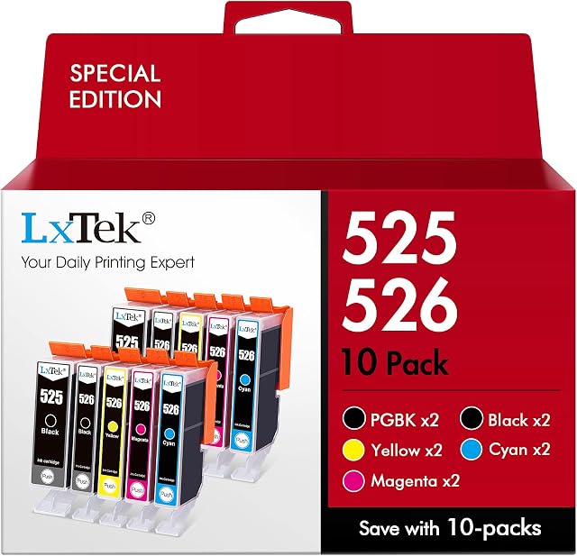 LxTek Compatible Ink Cartridge Replacement for Canon 525 526 PGI-525 CLI-526 for PIXMA MG6150 MG6250 MG5350 MG5250 MG5150 IX6550 IP4950 IP4850 (Black Cyan Magenta Yellow, 10-Pack)