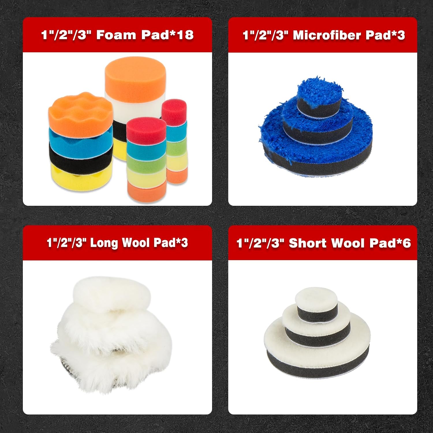 KITLUCK 27pcs Body Repair Buffing & Polishing Pads，1/2/ 3inch Foam Polishing Pads, Woolen Polishing Pads, Microfiber Applicator Pads TLBP0601A Cordless Buffer Polisher