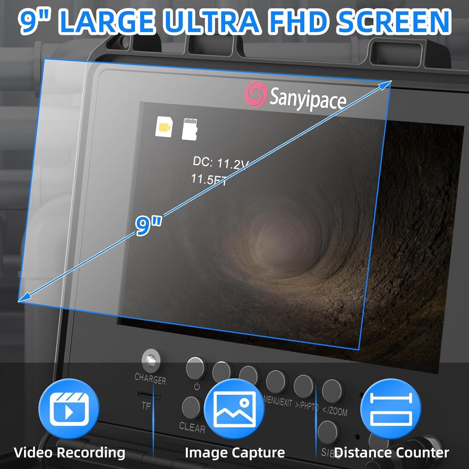 Cámara de Inspección de Tuberías, Sanyipace Camara Inspeccion Tuberias con Contador de Distancia, DVR & Grabador de Audio, FHD 1080P Cámaras para Boroscopio con 12 Luces LED & Zoom 5X,165FT/50M