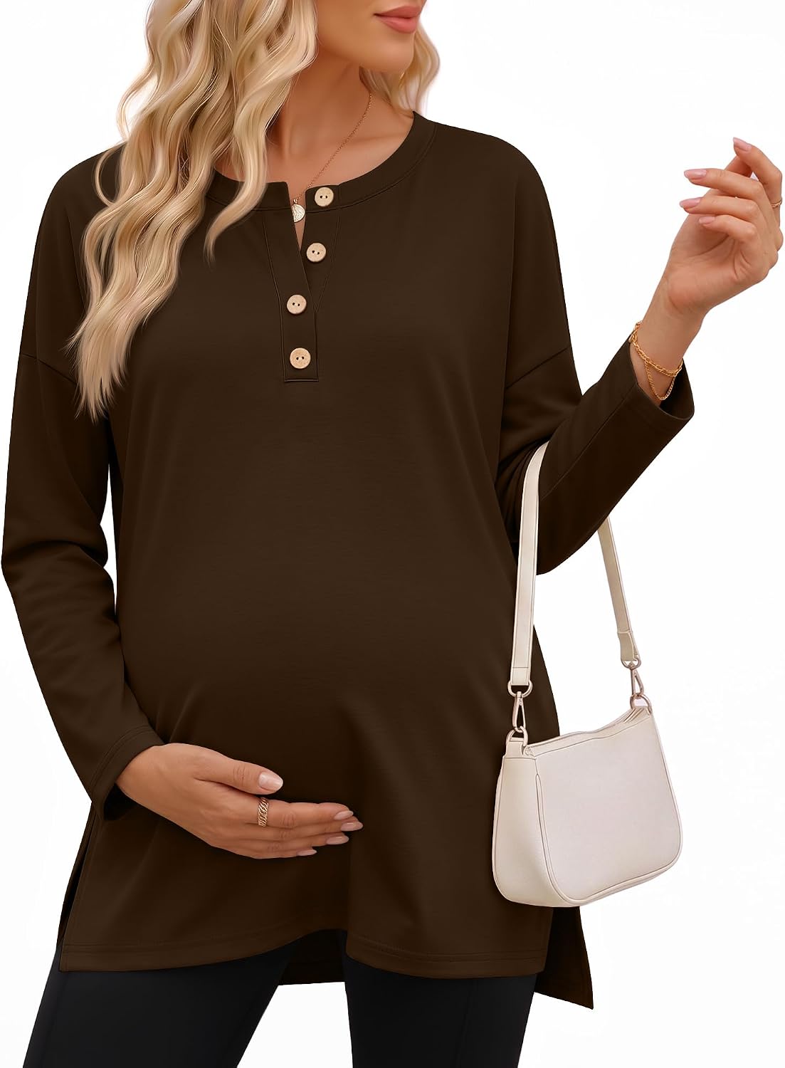 Ficerd Women Maternity Shirt Pregnant Long Sleeve Henley Top
