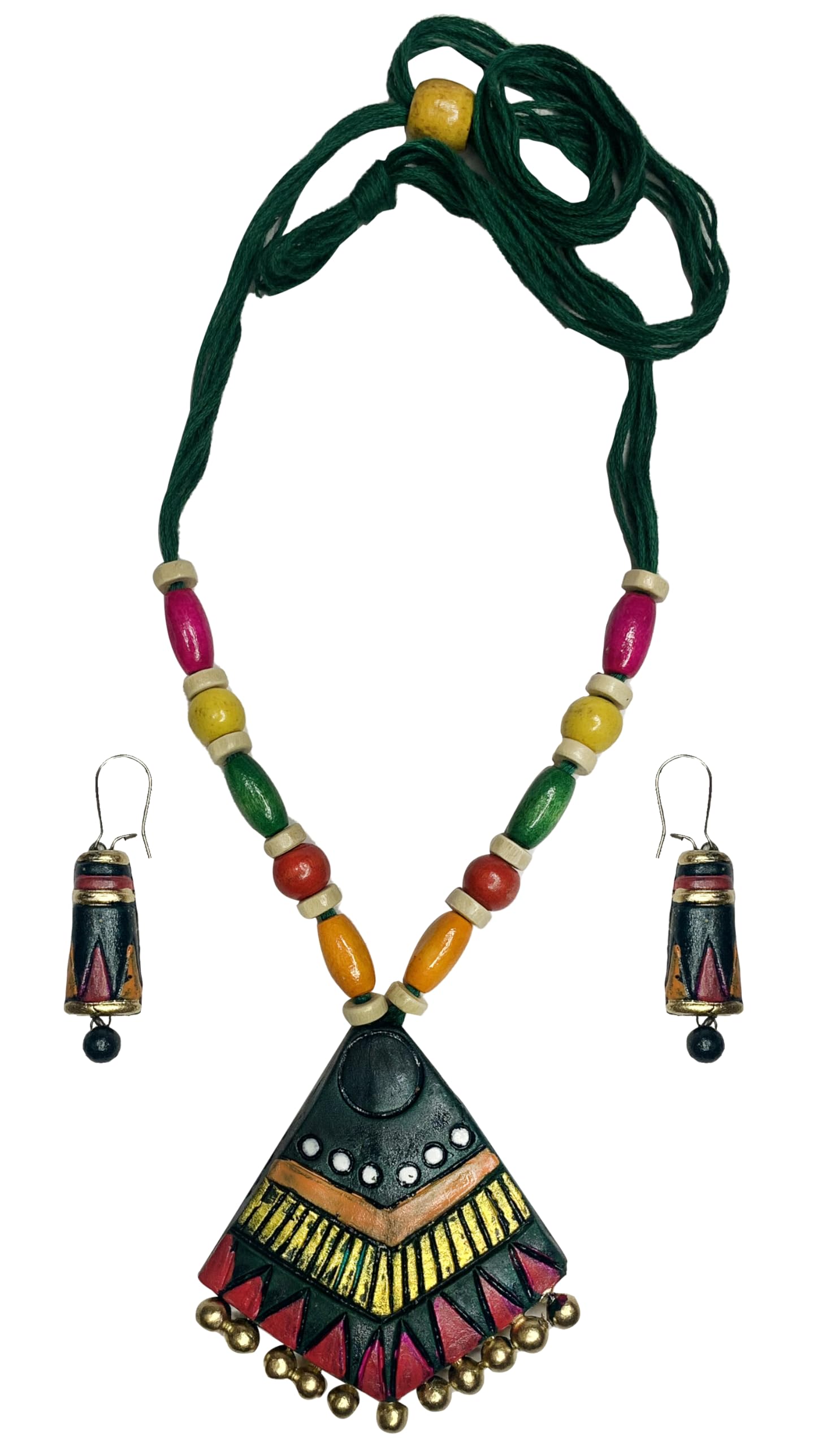 SharanyaD Terracotta Handmade Jewellery Set with necklace and earring, Womens Contemporary Terracotta Necklace - Big Triangle (Green) (B0D9TTM8Z8) Amazon Price History, Amazon Price Tracker