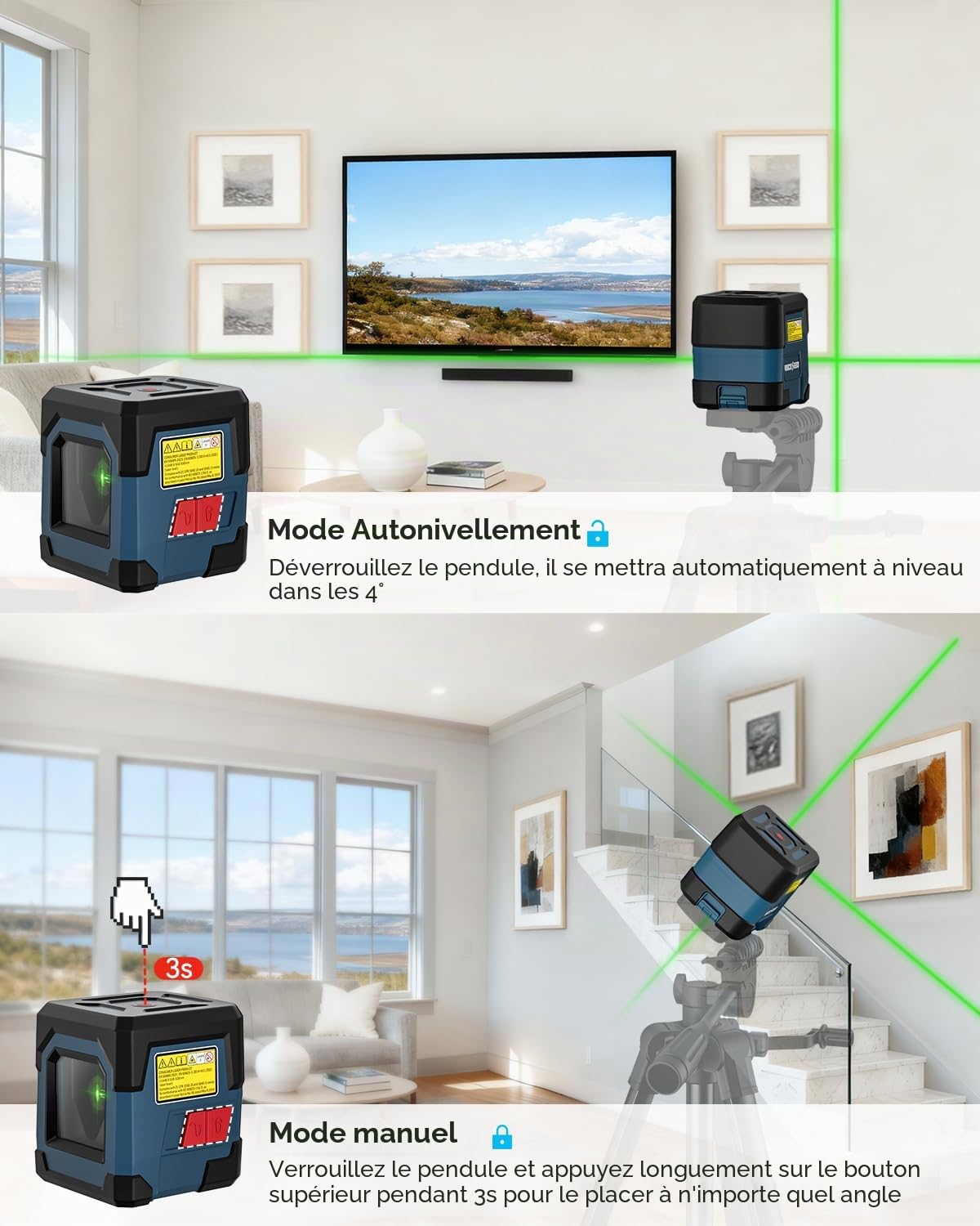 Niveau Laser Vert, RockSeed Cross Line Laser avec Auto-nivellement, Lignes Verticales et Horizontales, Rotatif à 360 Degrés, Pochette de Transport, Batterie Incluse