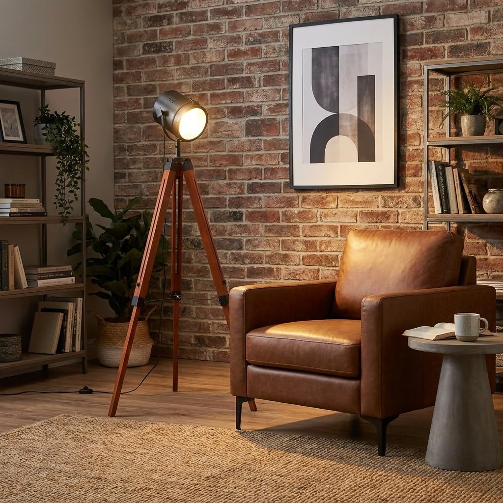 Alpinaluz Lámpara de Pie con Trípode de Madera Natural y Cabezal Negro Mate con Cristal Opaco, Altura Ajustable, Estilo Vintage Retro Cinema, Casquillo E27 para Salón y Dormitorio