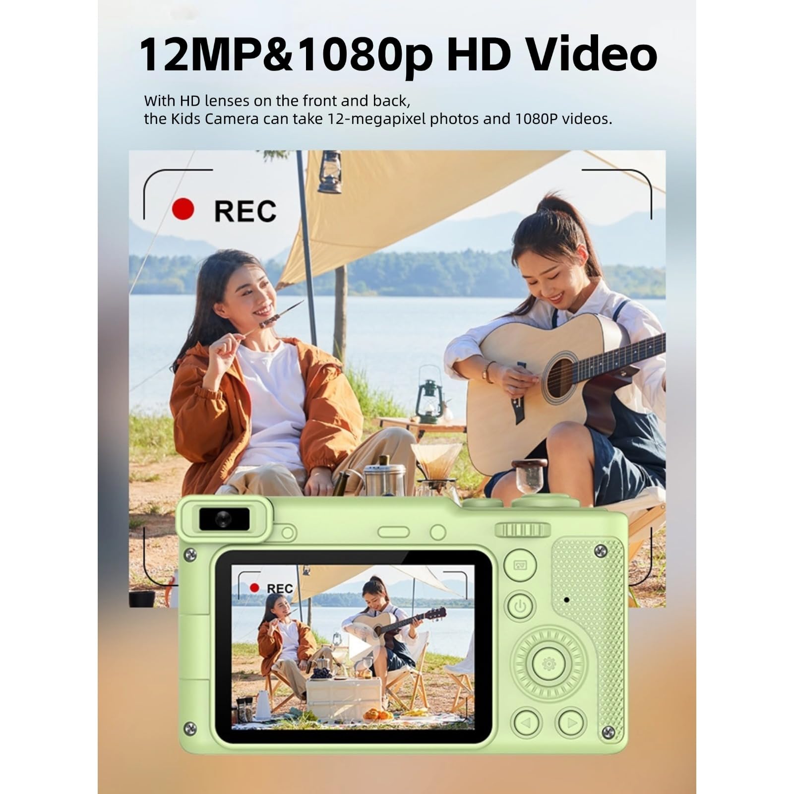 Cámara Digital para Niños con Trípode, 12 MP, 1080P, Doble Lente Frontal y Trasera, Pantalla IPS, HD