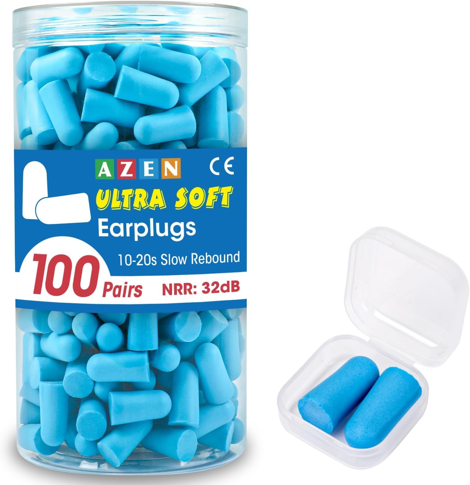 AZEN Bulk NRR 32dB Soft Foam Ear Plugs for Sleep Noise Canceling Concert Shooting Swimming Noise Reduction 100 Pairs (Lake Blue)