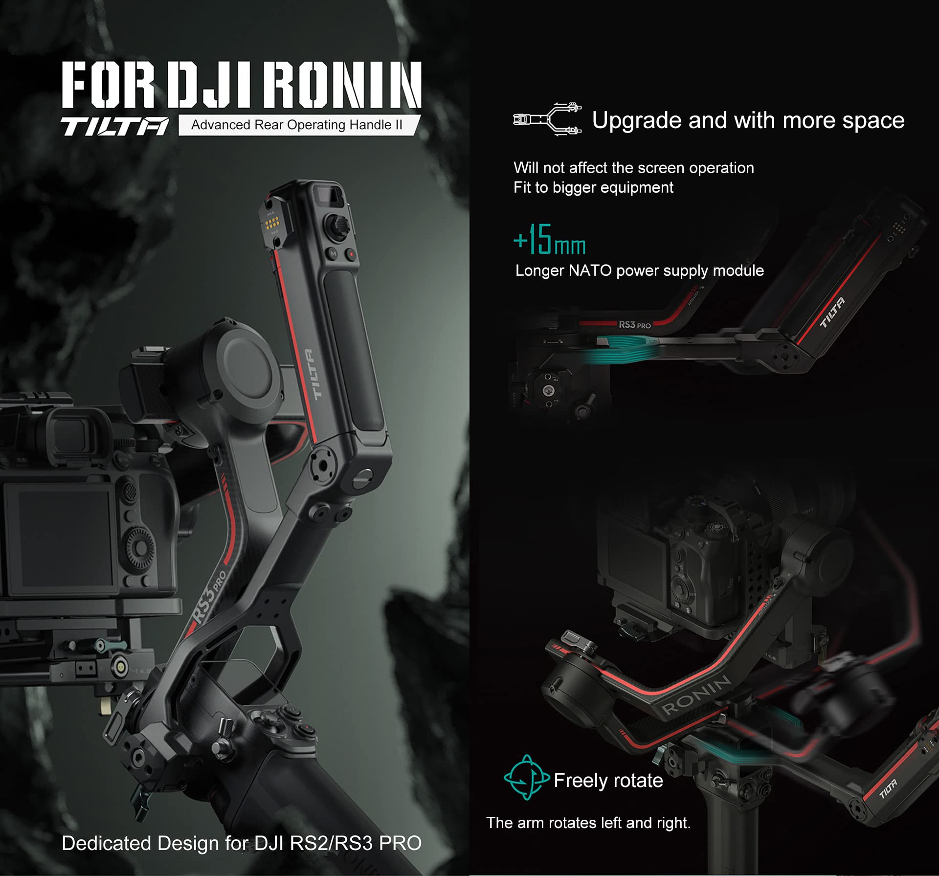 TILTA TGA-ARH2 Advanced Rear Operating Control Handle Poignée de Commande arrière avancée pour DJI Ronin RS2/RS3 Pro (RS 2/RS 3 Pro) stabilisateur de cardan (Incompatible RSC2/RS3)