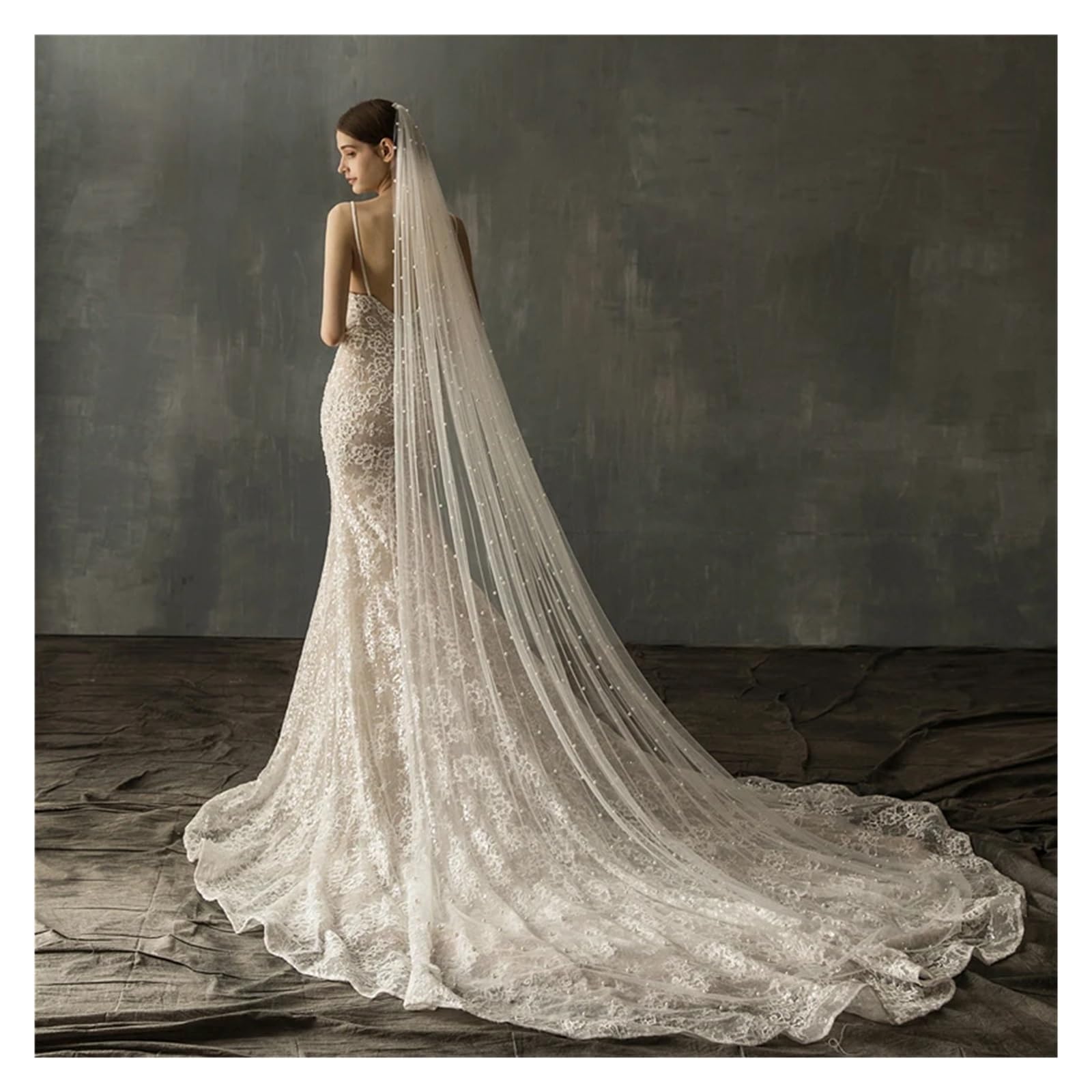 Hochzeit Braut Schleier, Perlen Weiß Elfenbein Lang Mit Kamm Einlagig Kathedrale mit Perlen Kristallperlen 75-300cm(White,300cm)