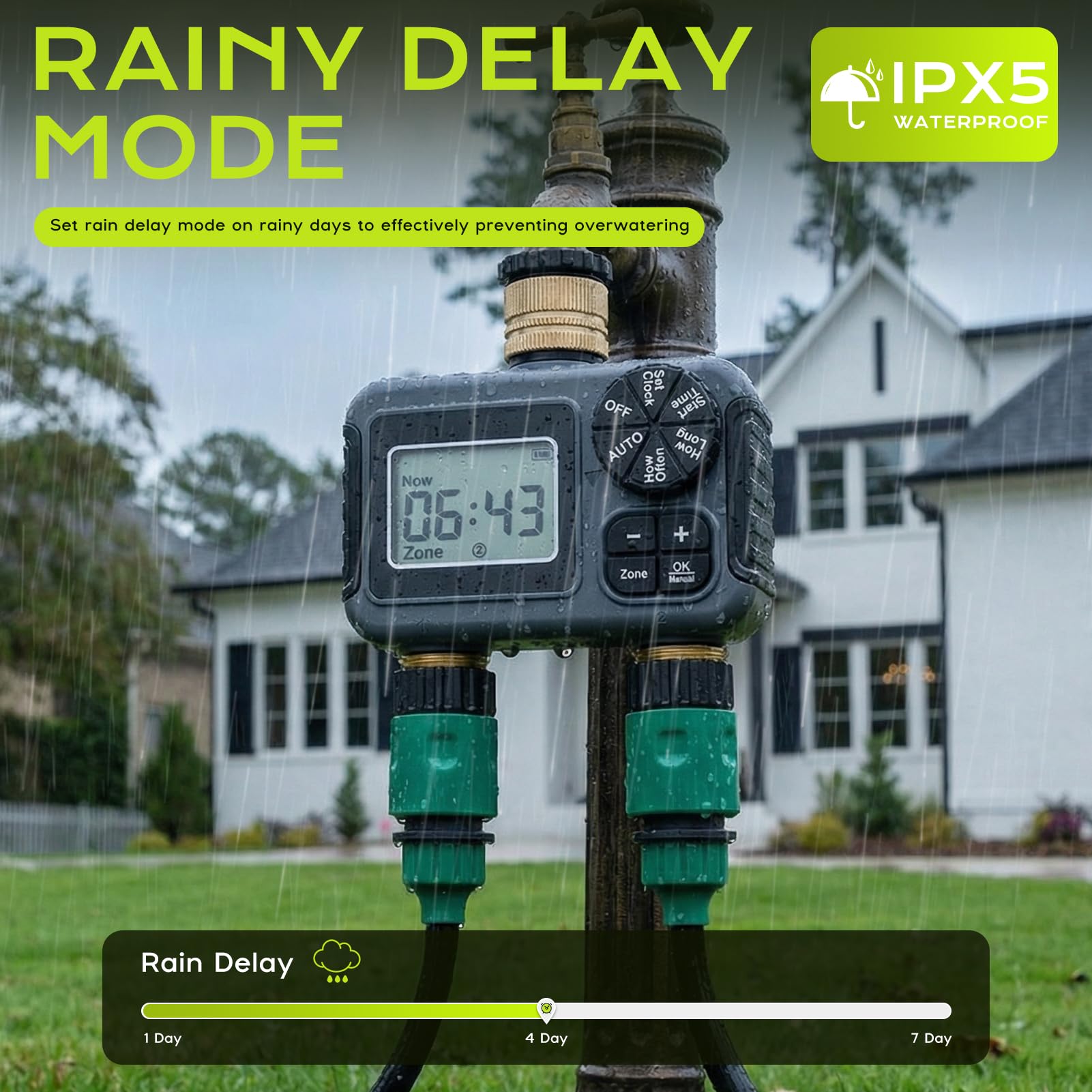 Programmateur Arrosage 2 Voies IPX5 Étanche Minuteur Arrosage Automatique avec Entrée et Sortie en Laiton, Retard de Pluie, Arrosage Automatique et Manuel, Minuterie d'irrigation pour Jardin Pelouse