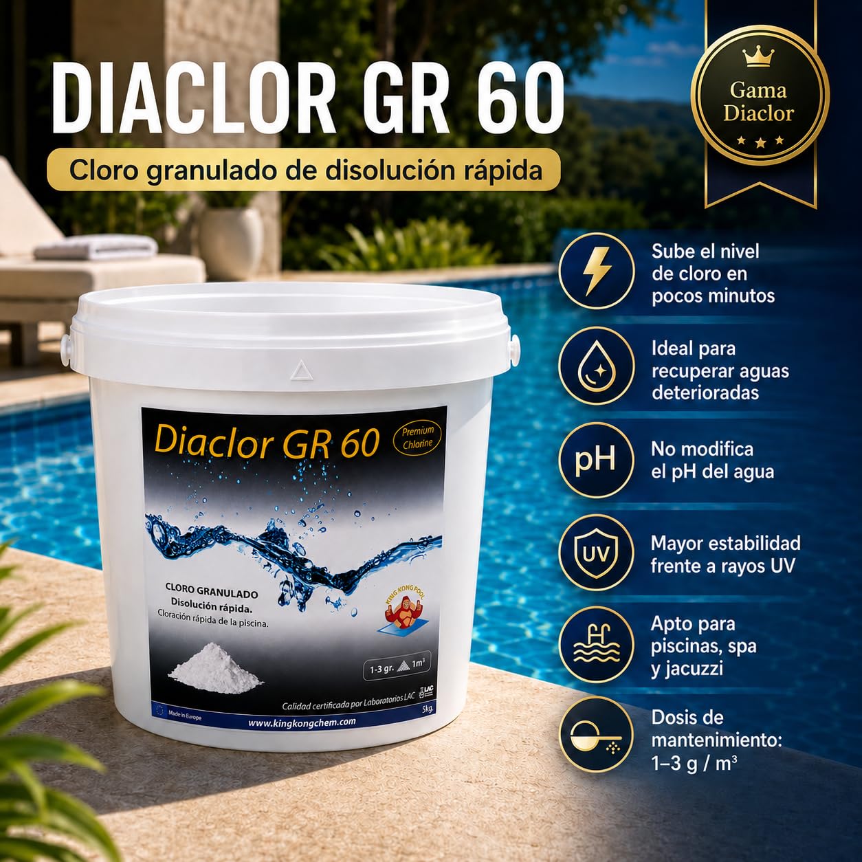 Pack 2 UDS - Cloro rápido para Piscinas DIACLOR GR 60 10 KG (2x5 KG) - Cloro granulado de disolución rápida Blanco