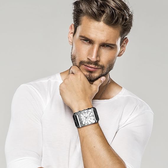 JewelryWe Men's Watch Analog Quartz Wristwatch Men Classic Retro Rectangular Business Casual Watch with Leather Wristband Black/Brown