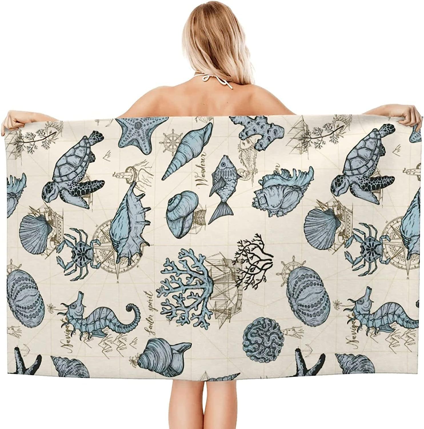Telo Antisabbia Mare Coperta Da Spiaggia,Telo Mare Microfibra,Perfetto Per Lo Sport, Viaggi, Campeggio, Palestra, Piscina.Telo Mare Grande Guscio Di Pesce Dell'Oceano Xxl 200 X 200 Cm -8M9T