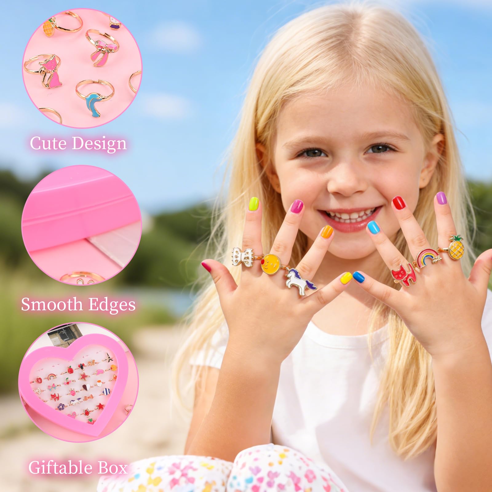 Gaethra Adjustable Girls Rings, 36 Pieces Adjustable Rings, Little Girls Rings Kids Birthday Gift Rings With Heart Shaped Box 2