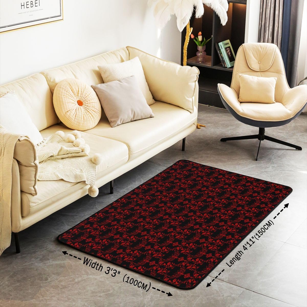 Gothic Moth 5x7 Area Rug Red Damask Living Room Rug | Baroque Victorian Rugs for Bedroom, Goth Vintage Floral Carpet Indoor Floor Mat