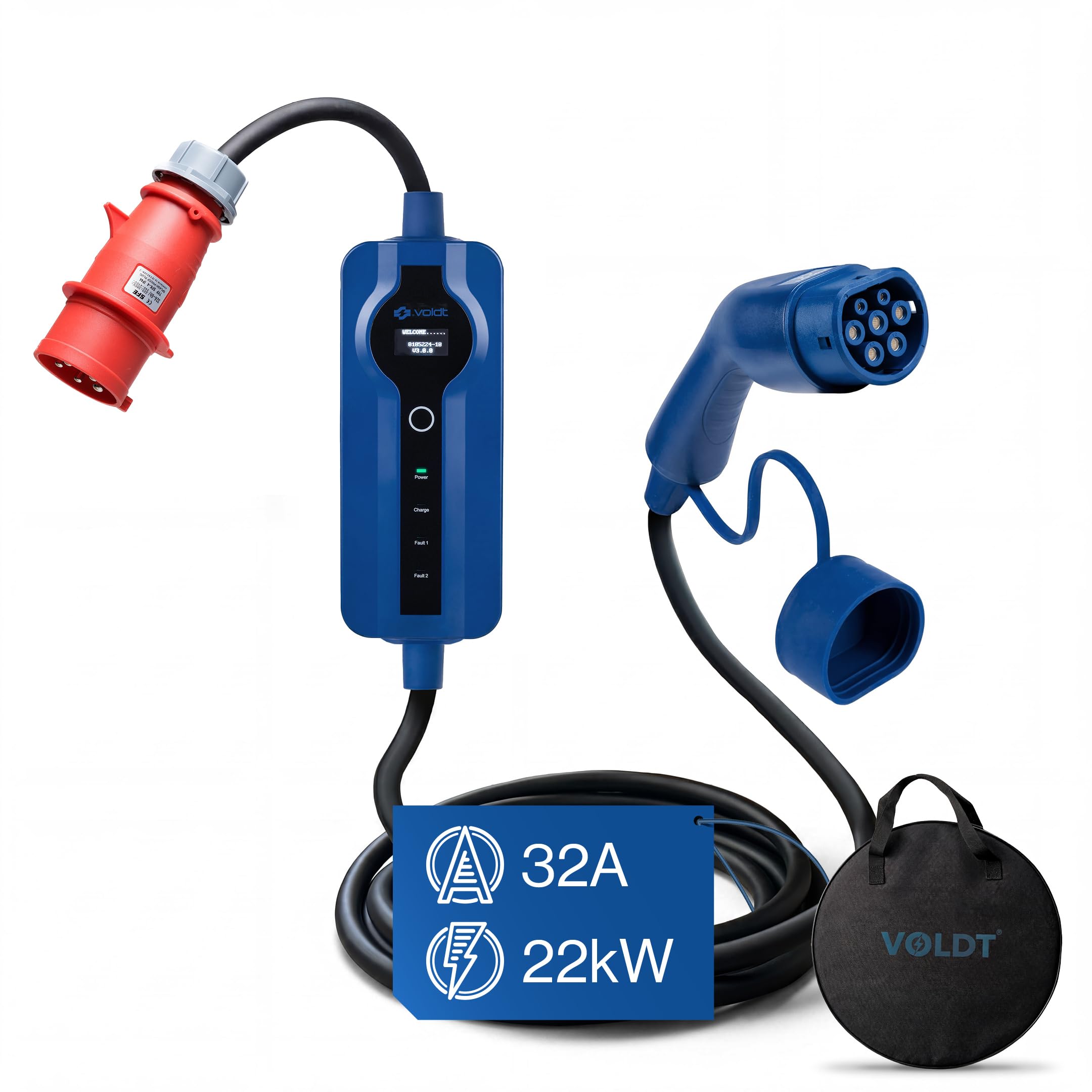 Voldt Kabel ładujący typu 2 22 kW, ładowarka EV z wtyczką CEE + aplikacja, 8 A - 32 A, trójfazowa mobilna stacja ładująca Wallbox z wyświetlaczem do pojazdów elektrycznych IP69, TÜV, CE, przenośna