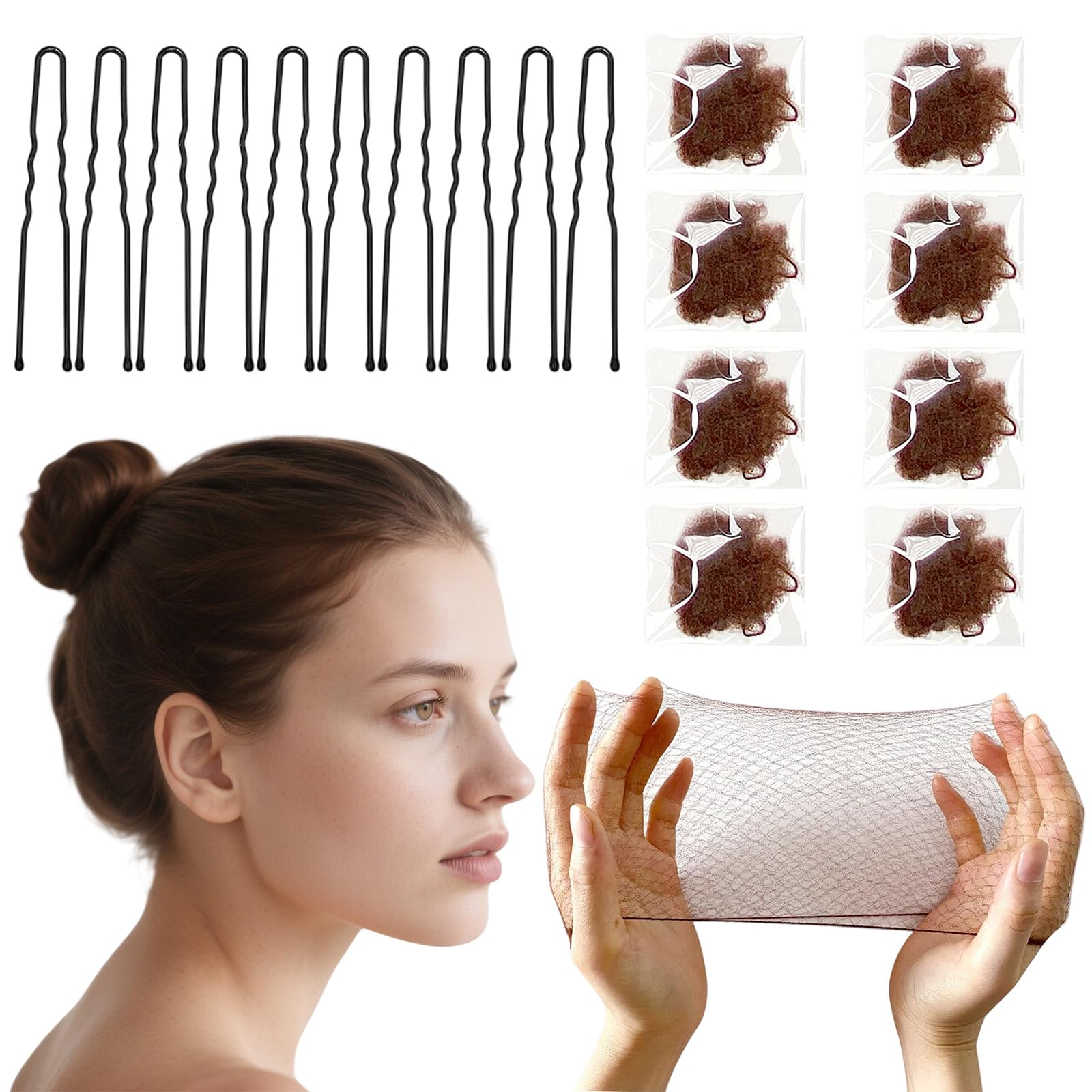 Redecillas de Pelo Invisibles de Nylon, Horquillas de Pelo U, 30 Piezas, para Camarera, Enfermera, Bailarinas, Azafatas (marrón)