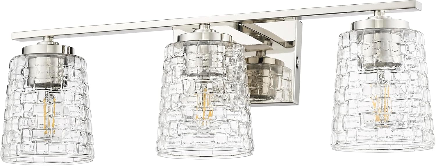 ML Lighting | Saben Collection | 22103-PN | 3 Light Vanity in Polished Nickel Finish with Clear Woven Glass Shade | Versatile Design That adds High-End Texture and Elegance to Your Bathroom