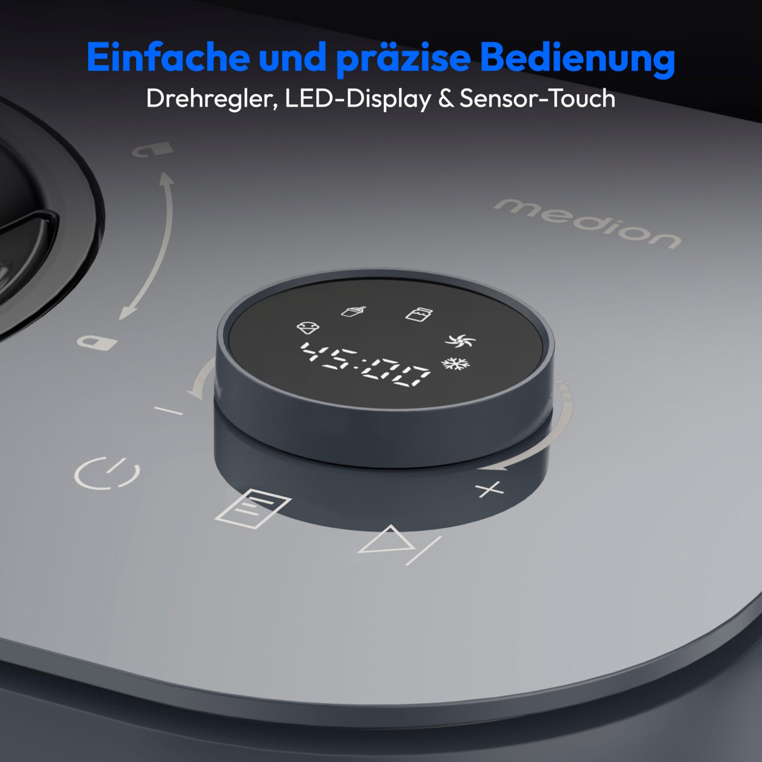 MEDION Eismaschine, Kapazität für 1 L Eis, kein Vorkühlen notwendig, LED-Display mit Sensor-Touch, entnehmbarer Aluminium-Eisbehälter, geeignet für die Zubereitung von Eiscreme, Joghurt und Slush Eis