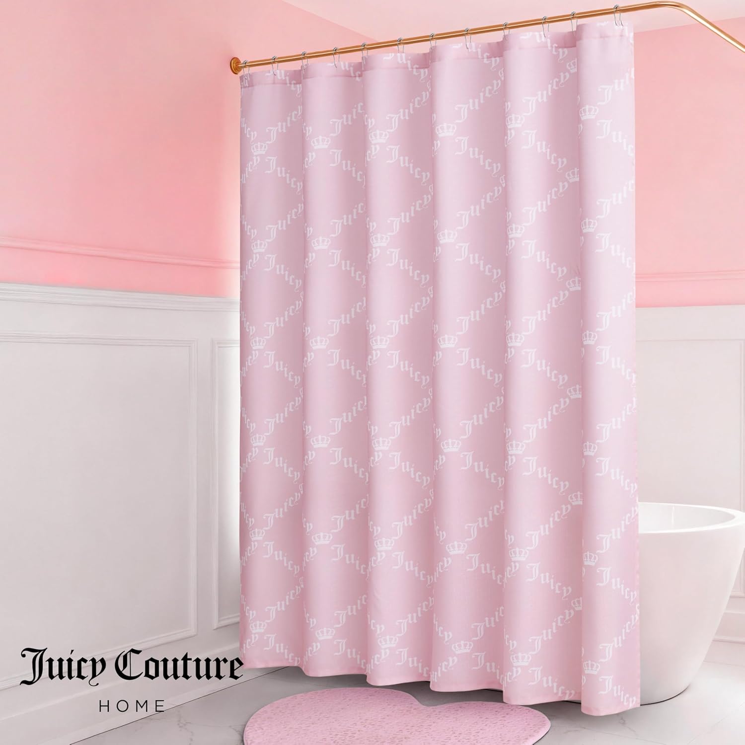 Juicy Couture 70"x72" Fabric Shower Curtain with 12 Hooks, Light Pink Gothic Diamonds Crowns 13-Piece Shower Set
