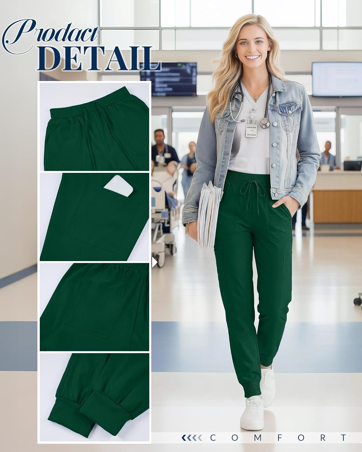 2 Pack Women's Scrub Pants Elastic Waist Cargo Joggers with 6 Pockets and Drawstring Casual Nurse Pants - Image 2